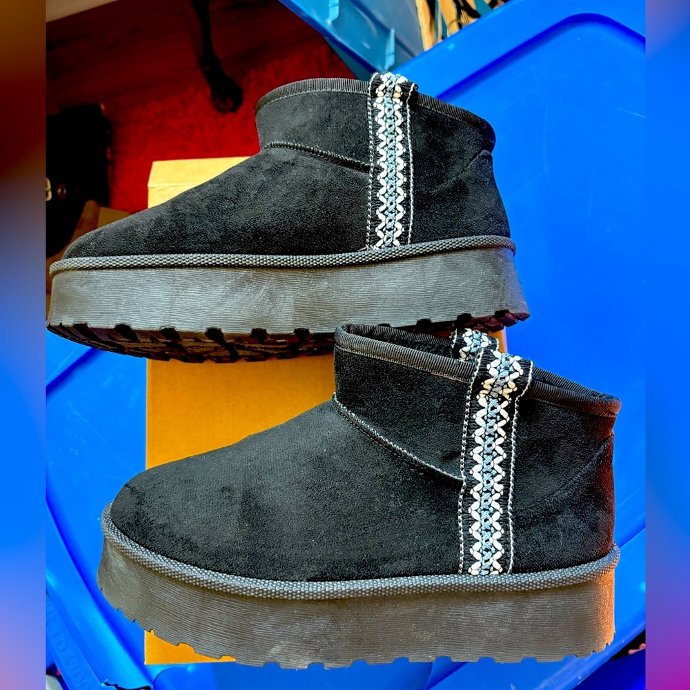 Black Suede Ankle Boots with Embroidered Trim NWY